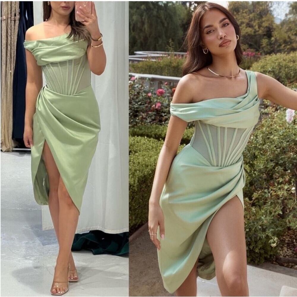House of CB Lulu Pistachio Asymmetric Drape Midi Corset Dress XS